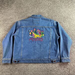 VINTAGE Atlantis Paradise Island Jacket Womens Large Blue Denim Bomber 90s